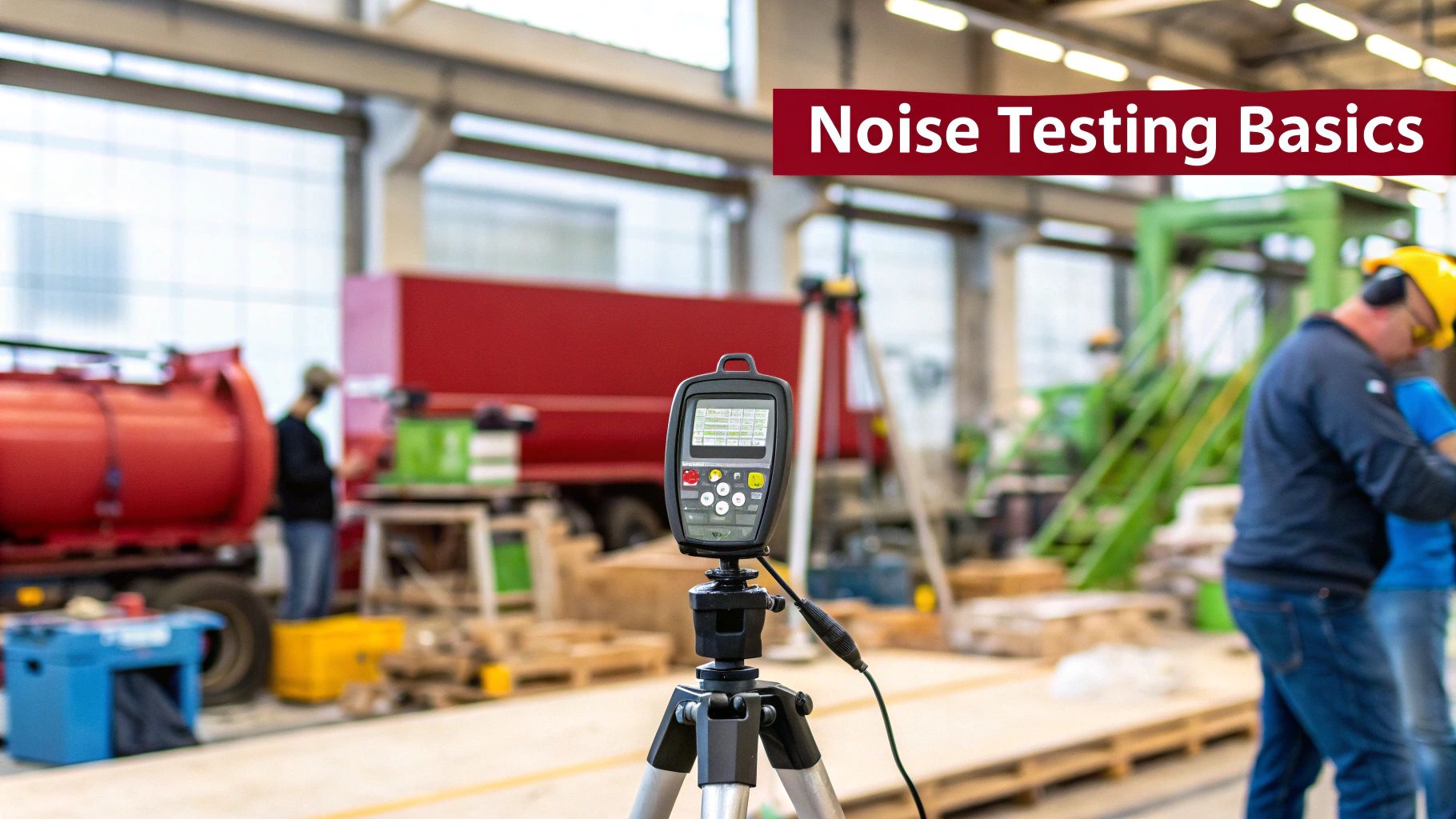 A professional conducting noise testing in an industrial facility with sound measurement equipment.
