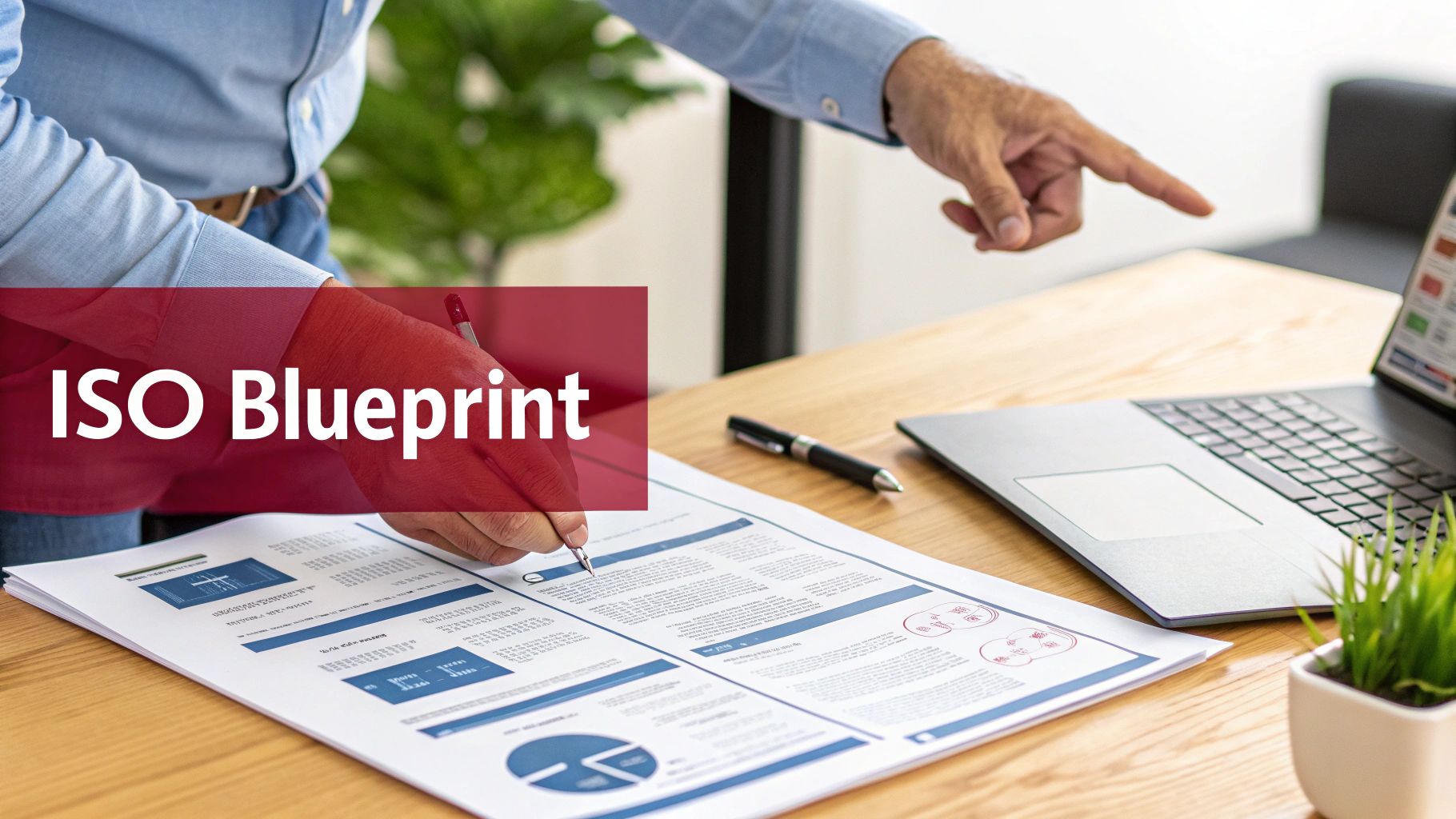 Two people collaborate on an 'ISO Blueprint' document, with one writing and another pointing at a laptop.