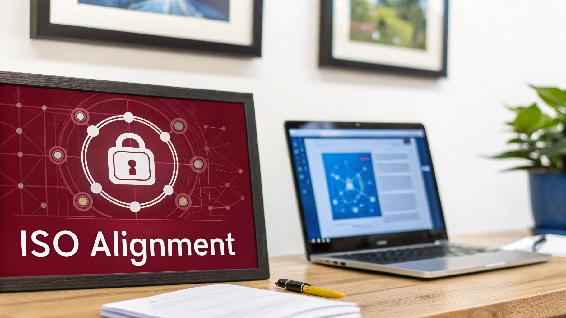 A monitor displaying 'ISO Alignment' and a padlock icon, next to a laptop on a wooden office desk.