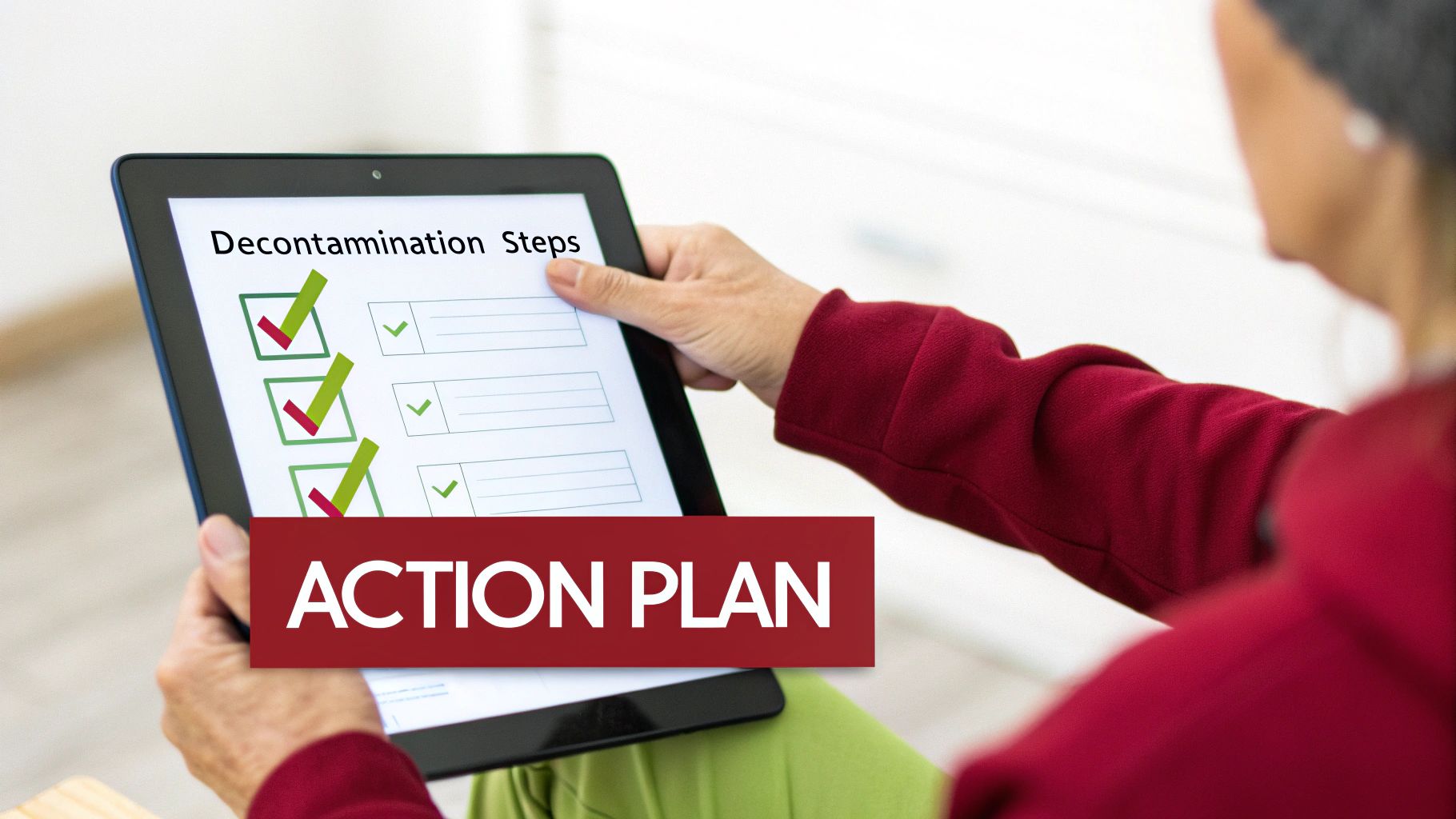 Person reviewing decontamination steps checklist on a tablet with an 'ACTION PLAN' banner.
