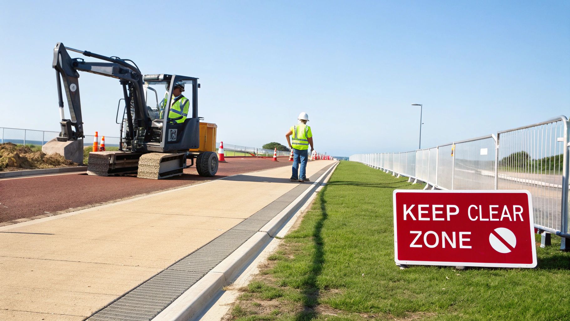 Construction workers operate an excavator on a new path, with a 'Keep Clear Zone' sign visible.