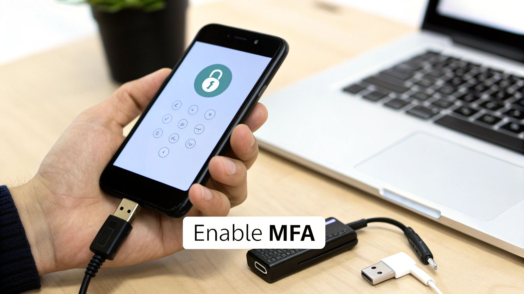 A person enabling Multi-Factor Authentication (MFA) on a smartphone with a hardware security key.