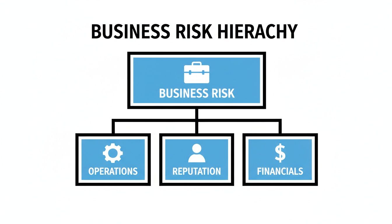 A business risk hierarchy diagram showing business risk categorized into operations, reputation, and financials.