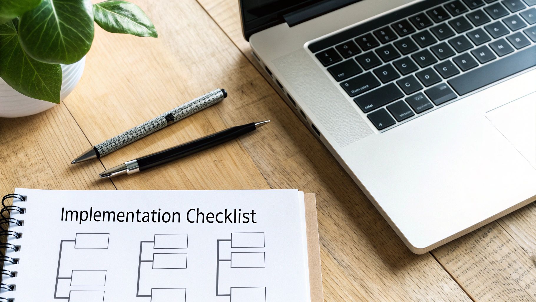A top-down view of a workspace with a laptop, pens, plant, and 'Implementation Checklist' notebook on a wooden desk.