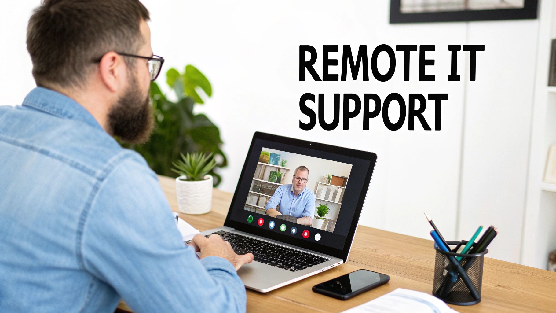 A man uses his laptop for a video call, receiving remote IT support from a professional.
