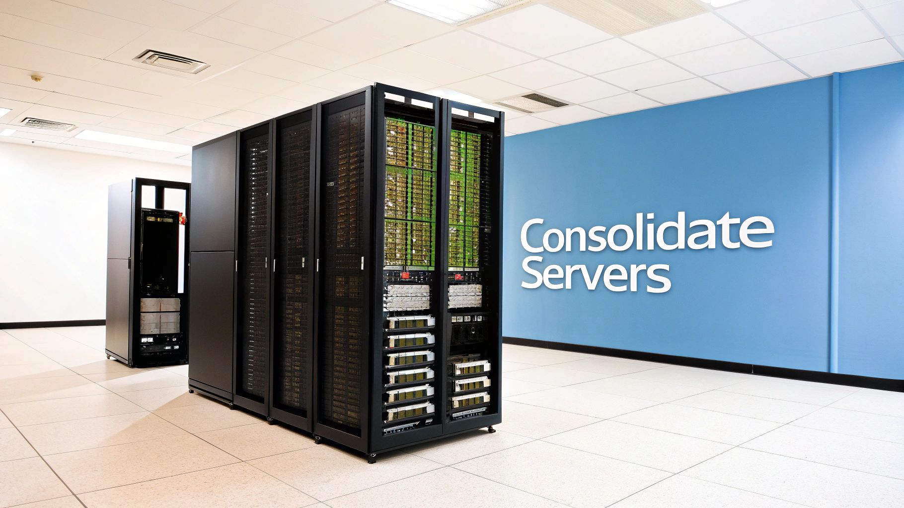 A modern server room with multiple black server racks and a blue wall with 'Consolidate Servers' text.