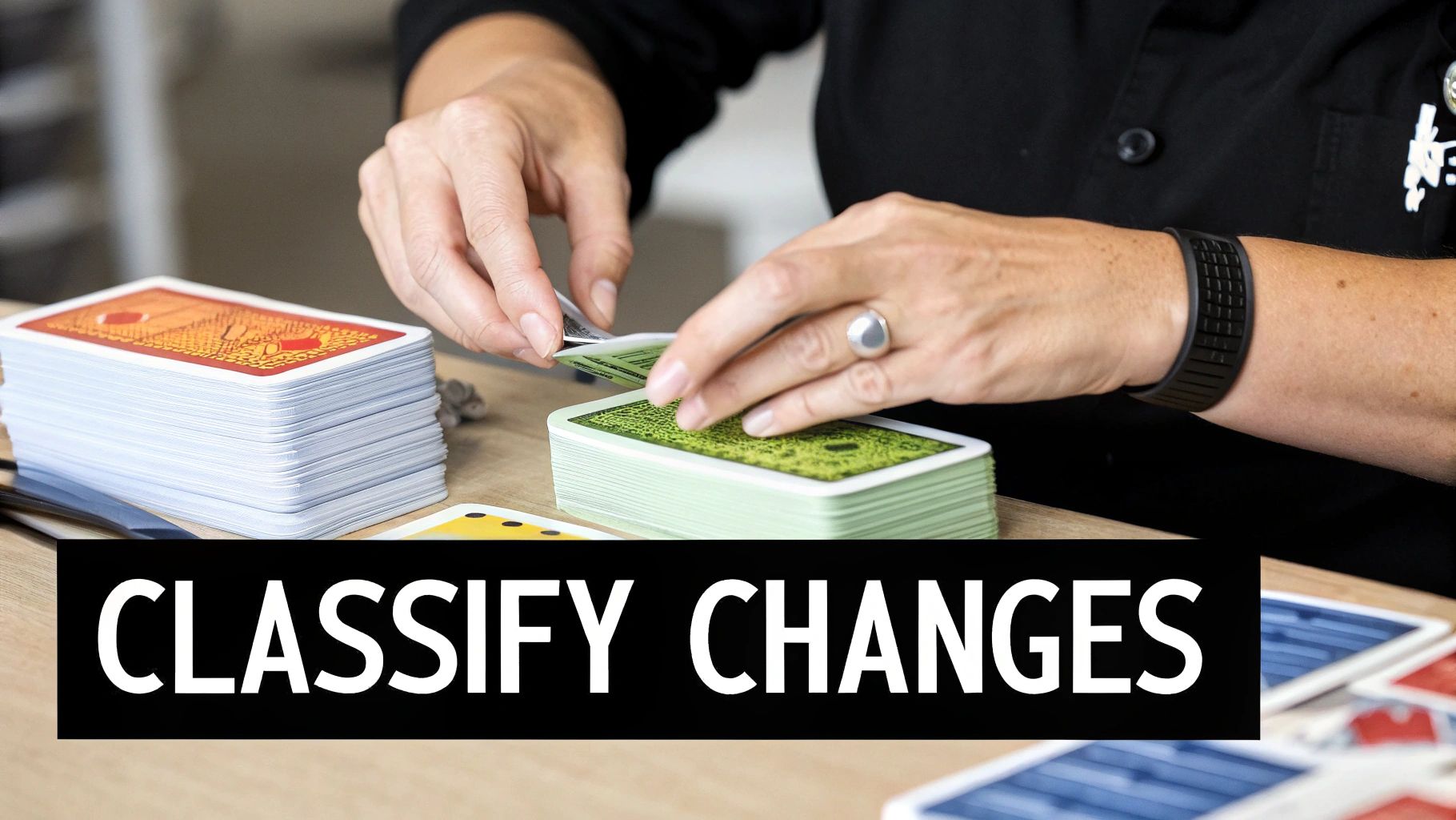 Close-up of hands sorting green-backed cards on a wooden table, with red cards stacked.