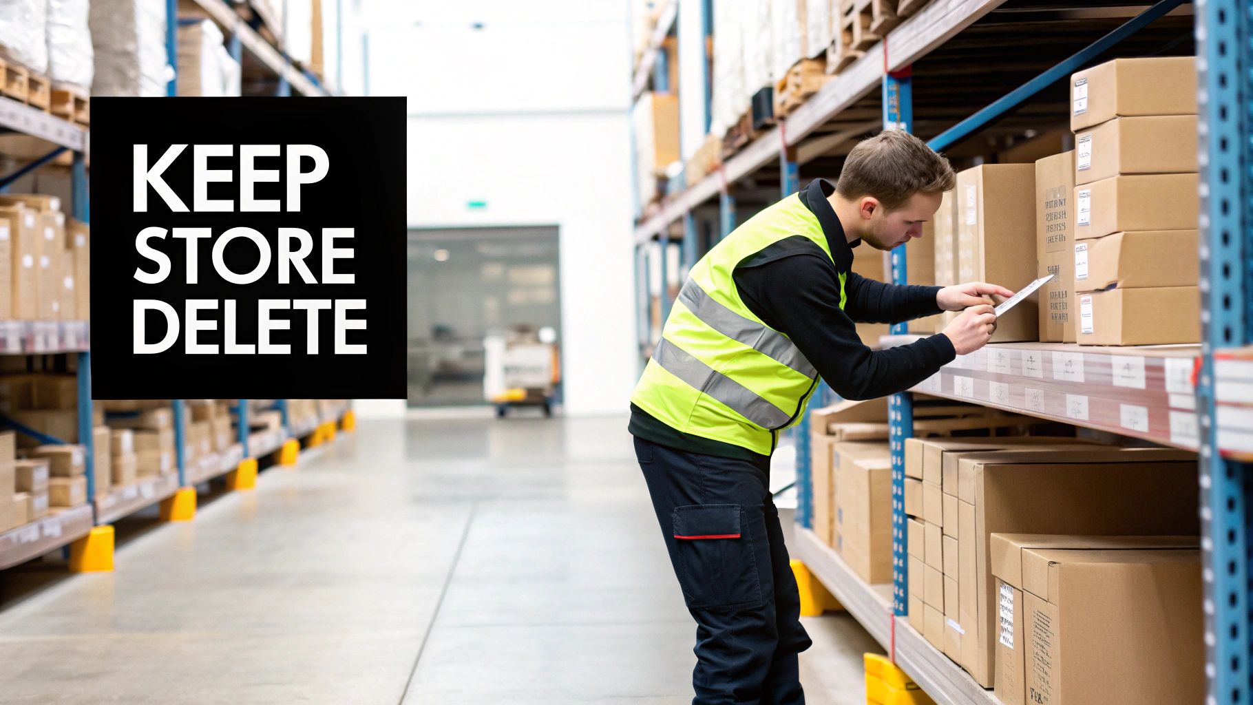 A warehouse worker checks cardboard boxes on shelves, with a 'KEEP STORE DELETE' overlay.