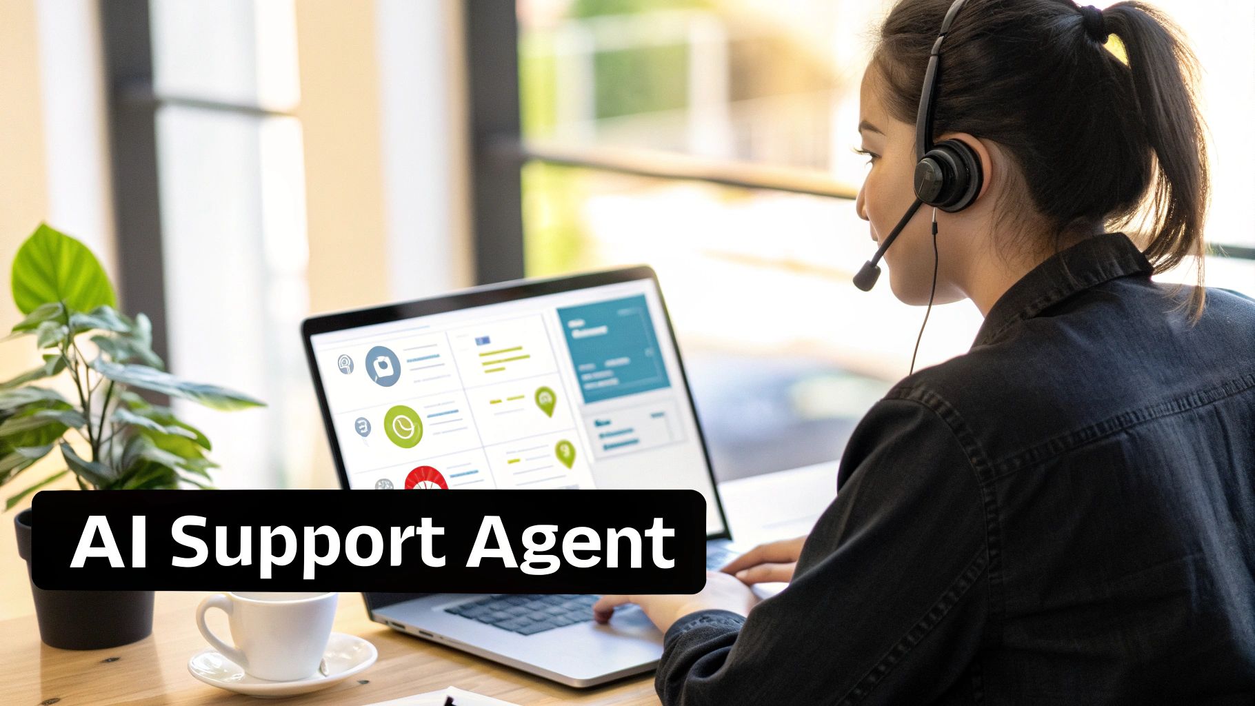 A person wearing a headset and looking at a laptop, with "AI Support Agent" text on the screen, a coffee cup, and a plant.