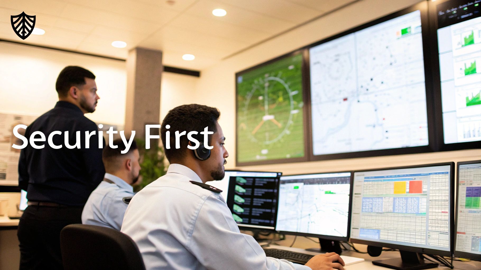 Security First personnel monitor data and maps on multiple screens in a high-tech control room.
