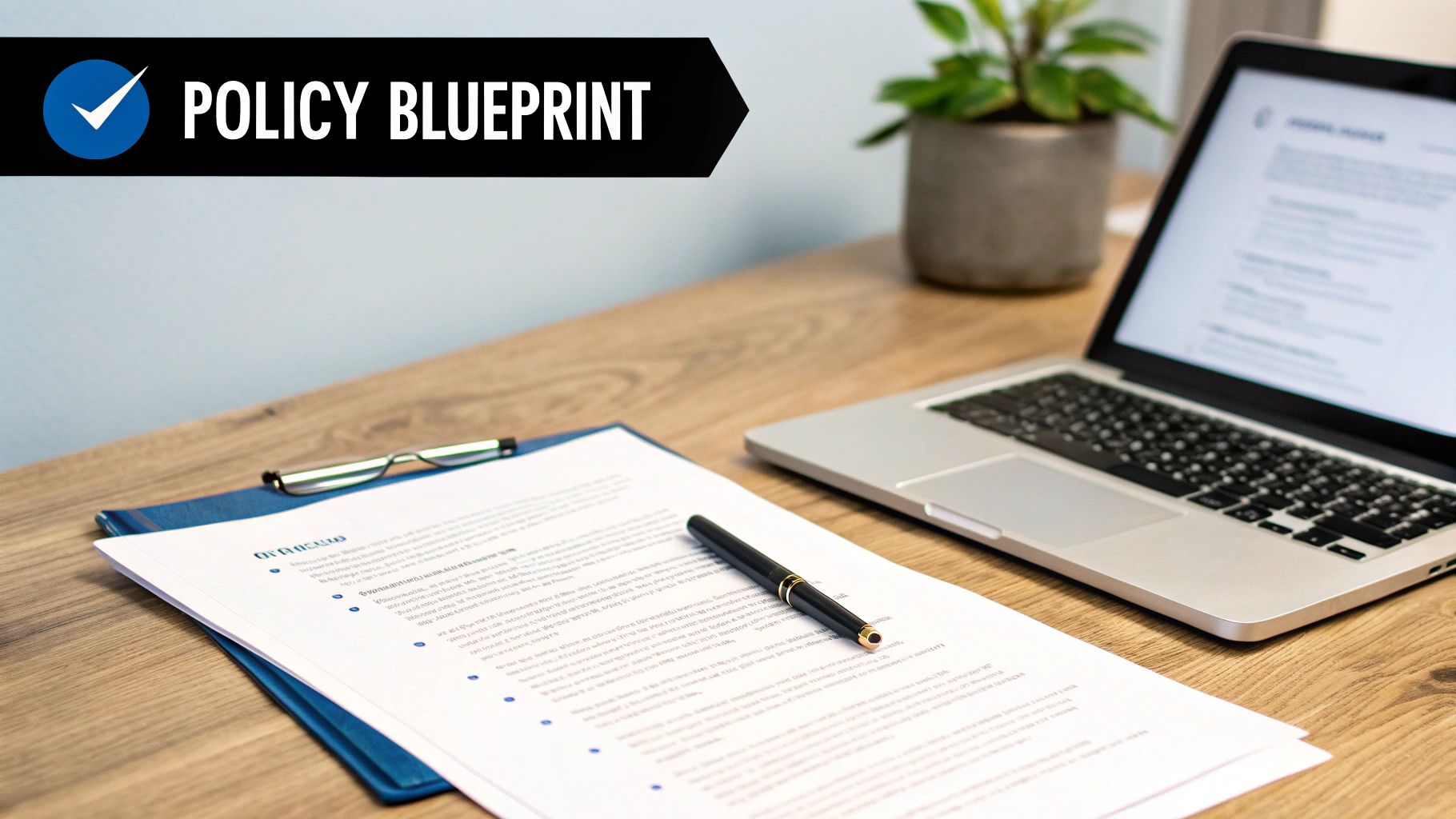 A desk setup with documents, pens, a laptop, and a plant, displaying 'POLICY BLUEPRINT'.