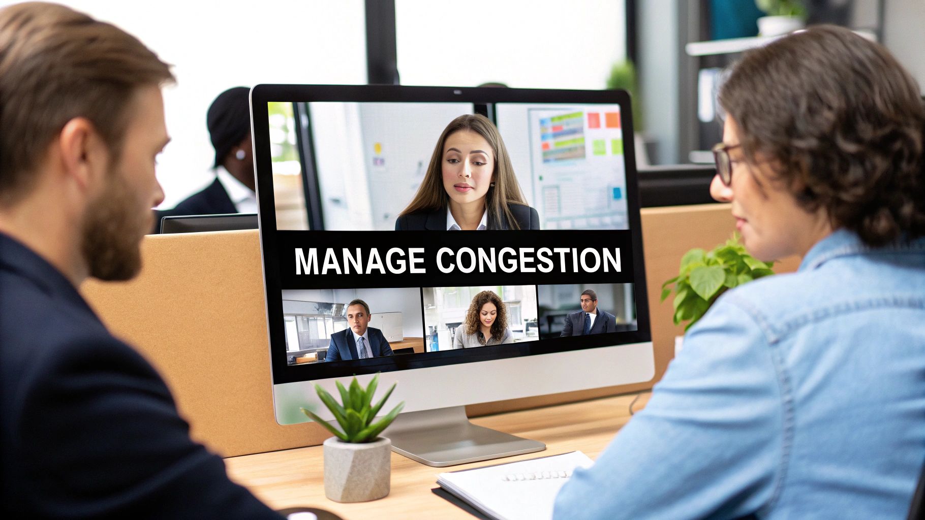 Two people in an office watch a video conference on a monitor about managing congestion.
