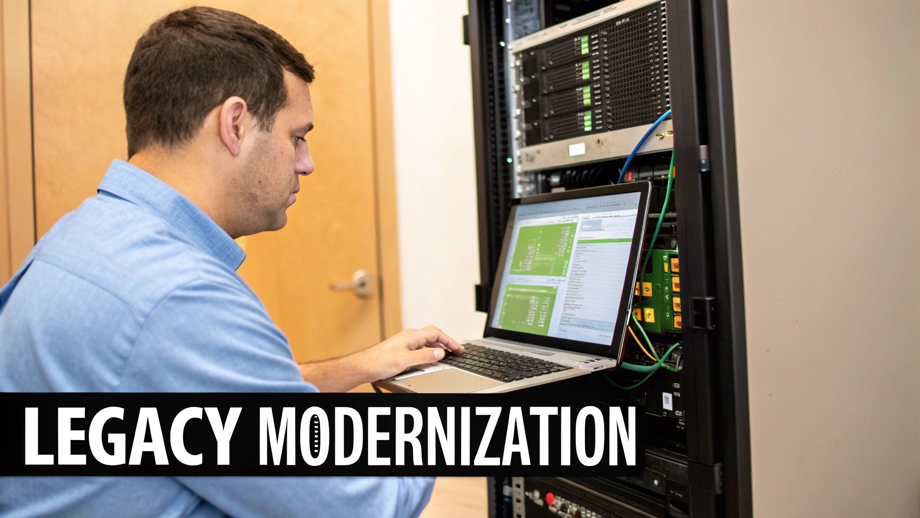 IT professional working on laptop performing legacy system modernization in server room