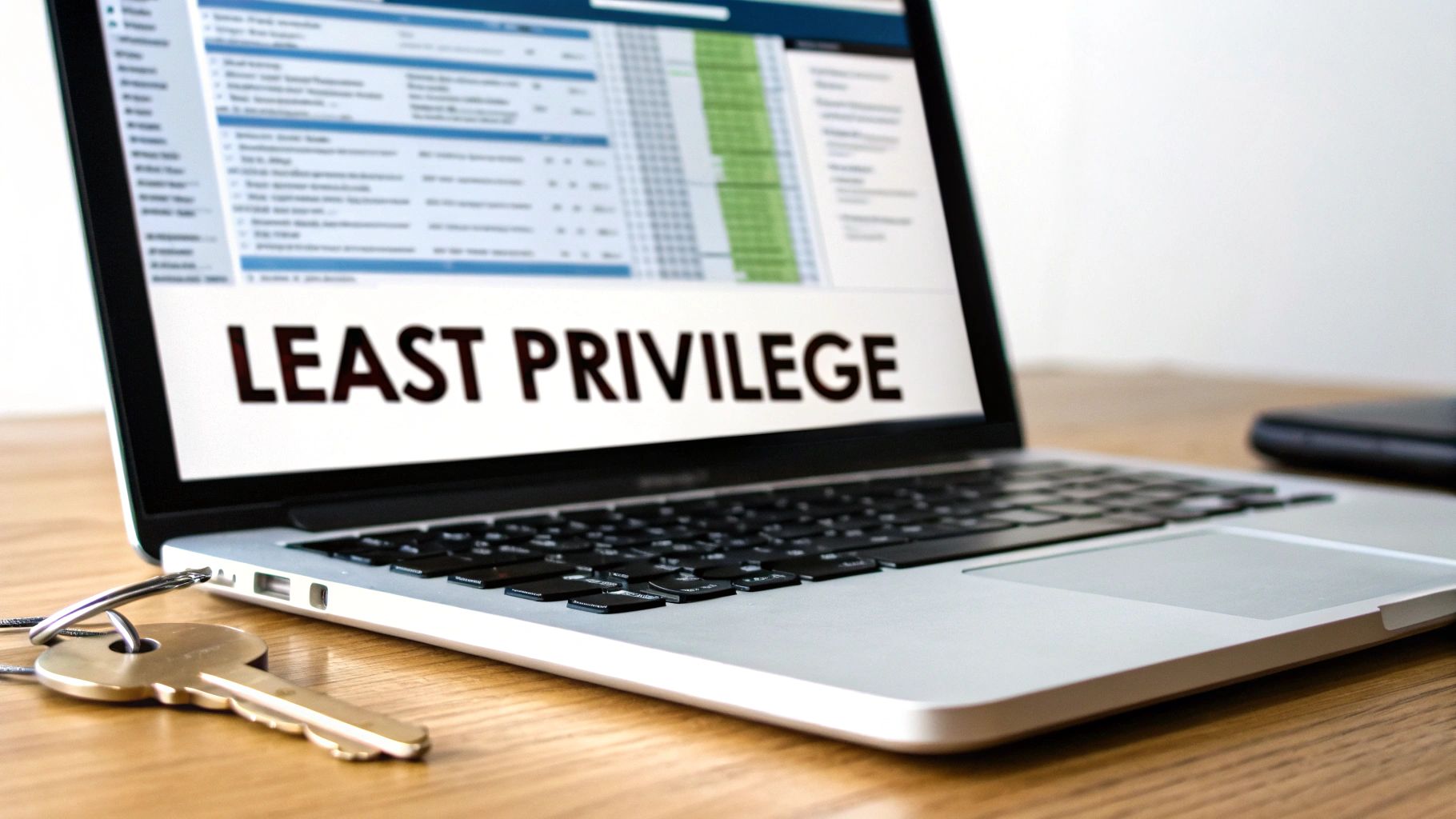A laptop screen displays 'LEAST PRIVILEGE' with a key and phone on a wooden table.
