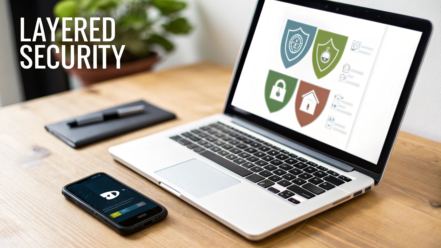 A laptop displays security shield icons for layered security, with a smartphone and notebook on a wooden desk.
