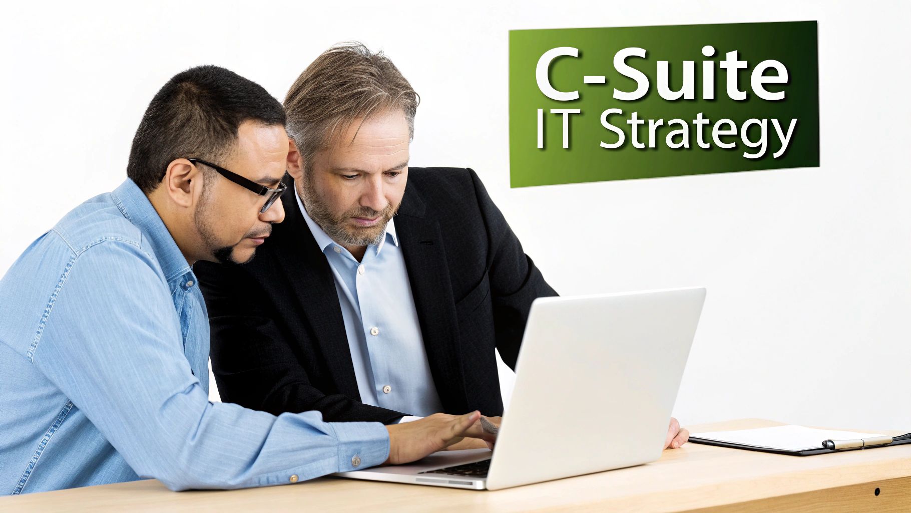 Two diverse professionals collaborating on a laptop, discussing C-Suite IT strategy.