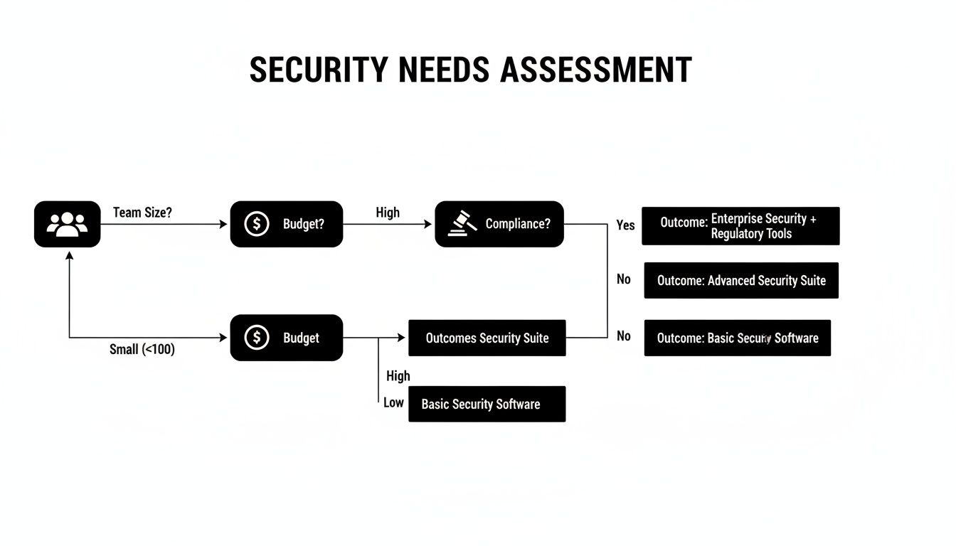 A flowchart detailing a security needs assessment based on team size, budget, and compliance, recommending various security solutions.