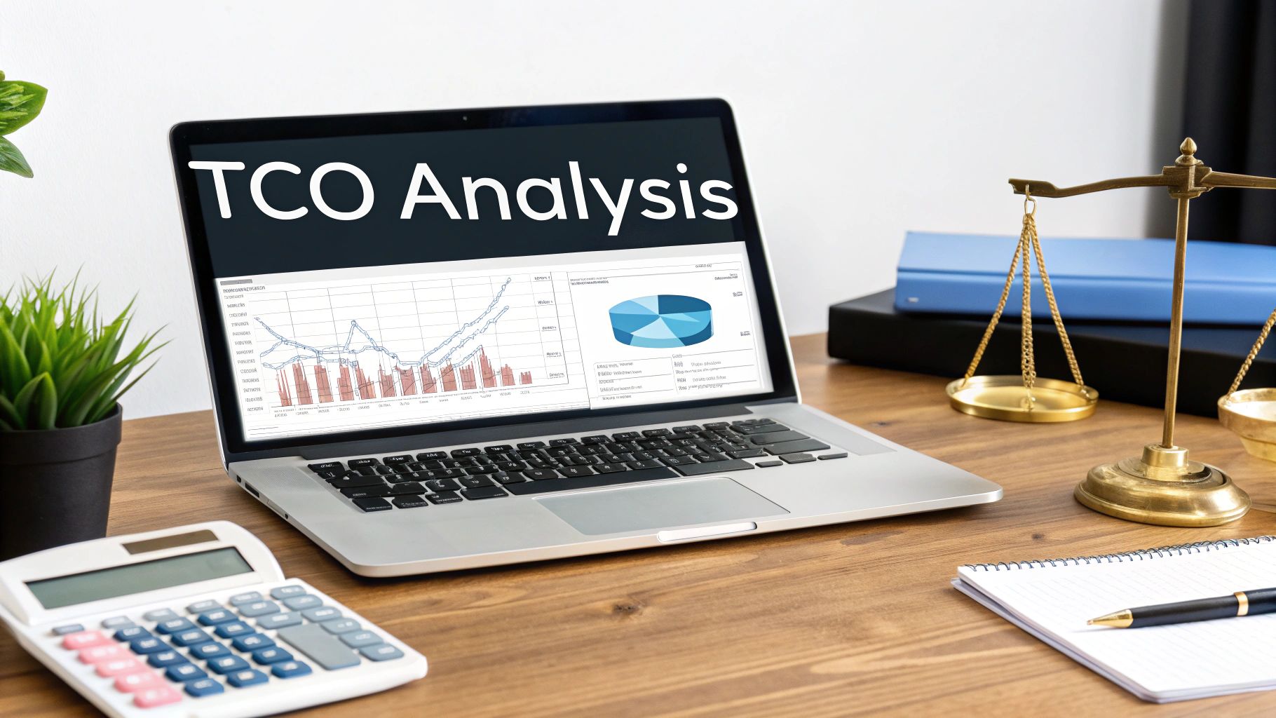 A laptop displays 'TCO Analysis' with graphs and a pie chart on a desk, alongside a calculator and scales of justice.