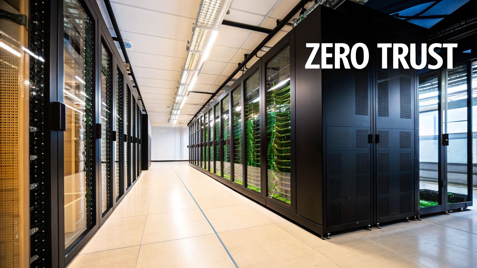 A long, illuminated corridor in a modern data center with server racks and 'ZERO TRUST' text.