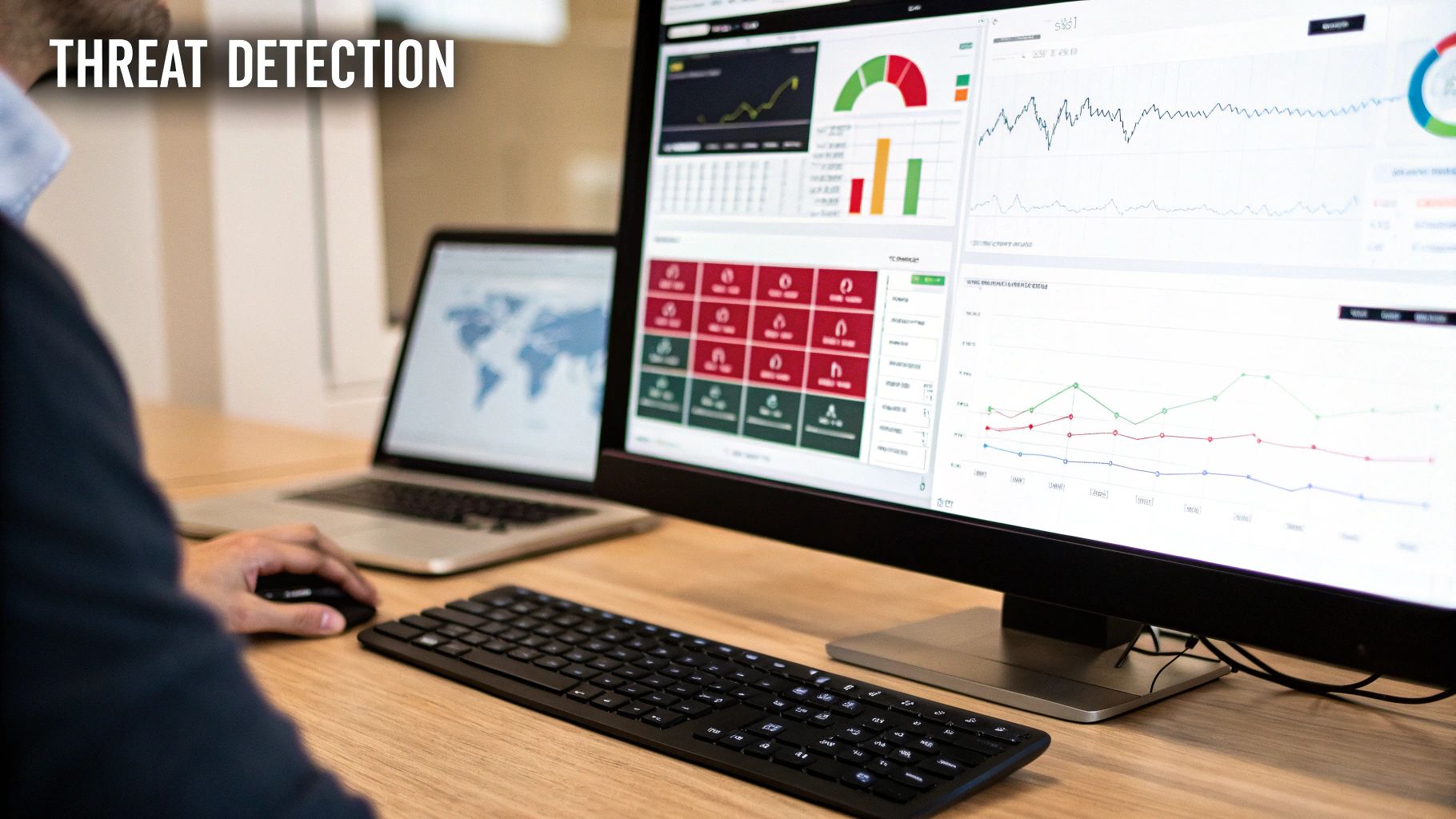 A person reviewing threat detection data and analytics on multiple computer screens in an office.