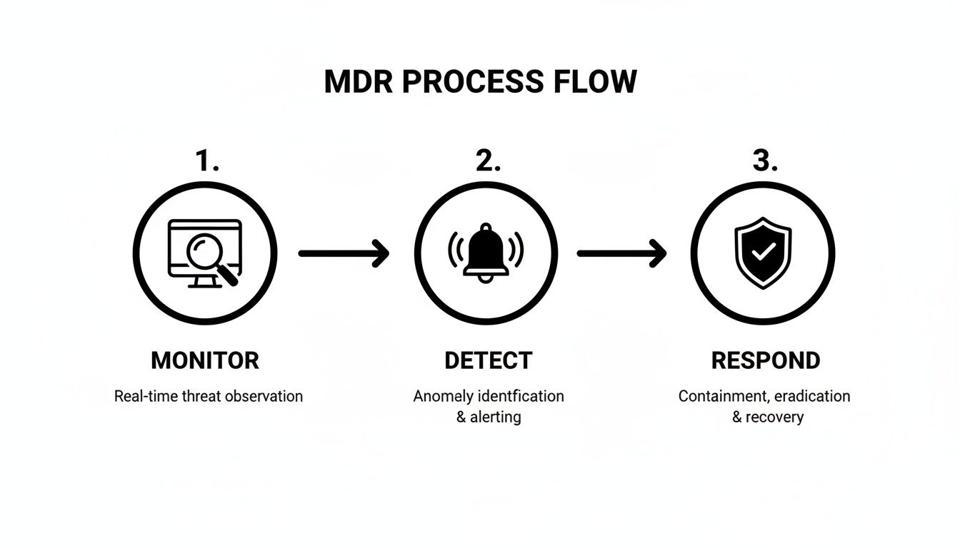 MDR Process Flow diagram illustrating three steps: Monitor, Detect, and Respond with icons and descriptions.