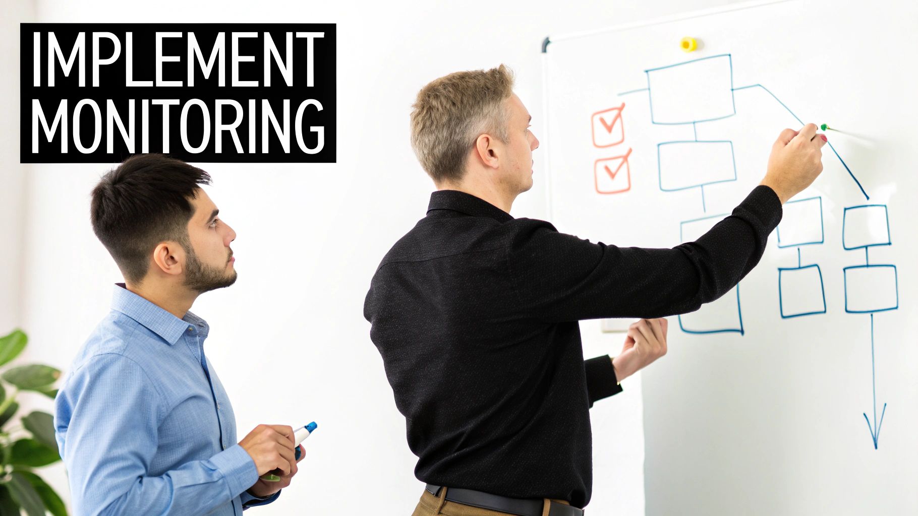 Two professionals collaborate on a process flowchart for implementing system monitoring on a whiteboard.