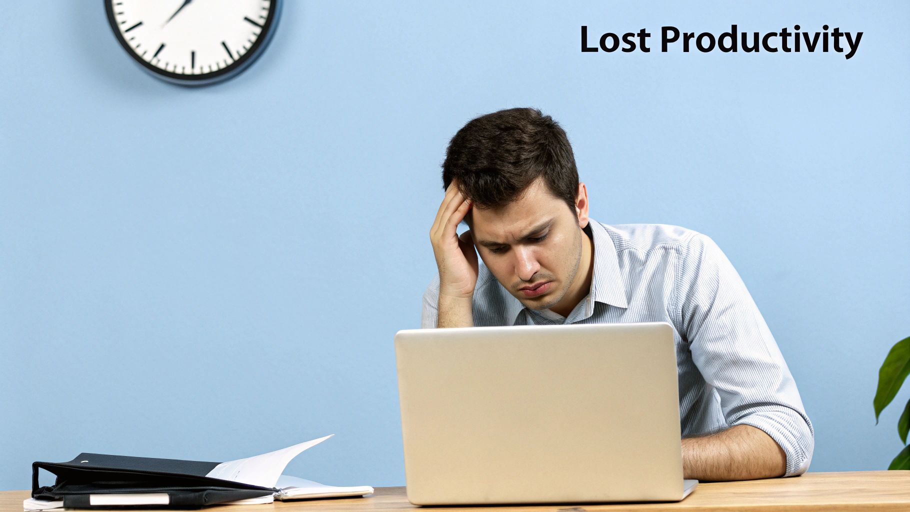 A man looks stressed and frustrated while working on his laptop, signifying lost productivity.