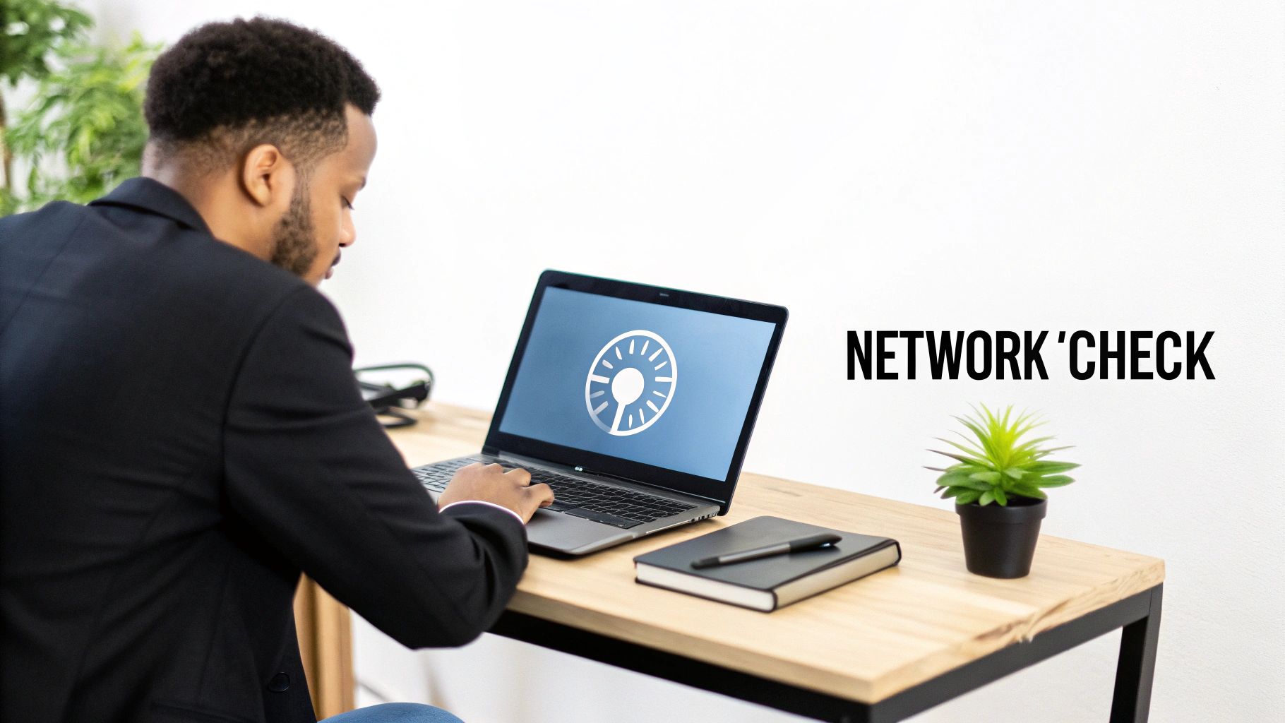 A man in a suit works on a laptop displaying a network check icon on a wooden desk.