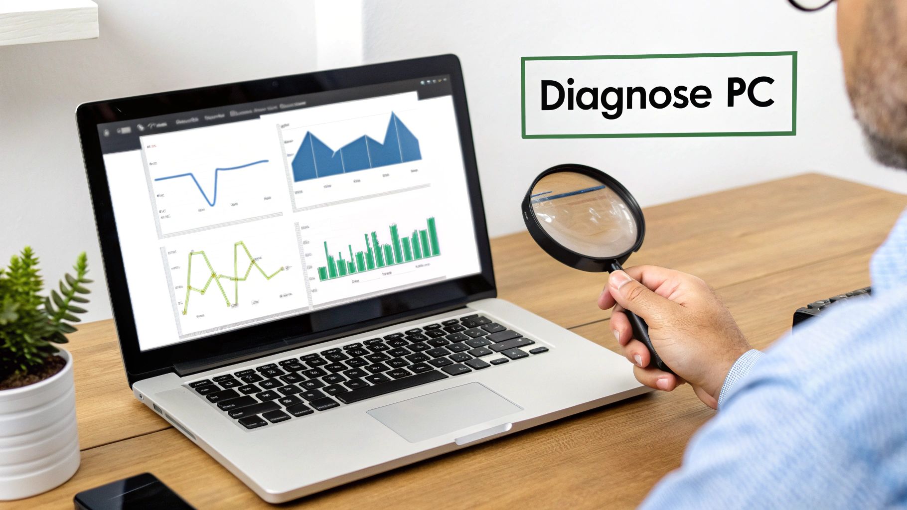 A person uses a magnifying glass to examine a laptop screen displaying various performance graphs and charts, with 'Diagnose PC' text.