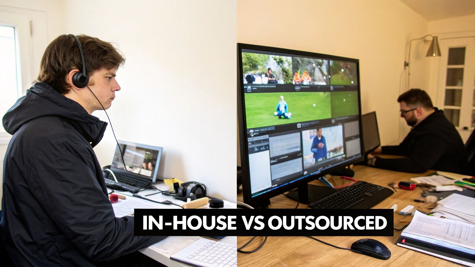 Two distinct work setups comparing in-house and outsourced models, with individuals at desks using computers.