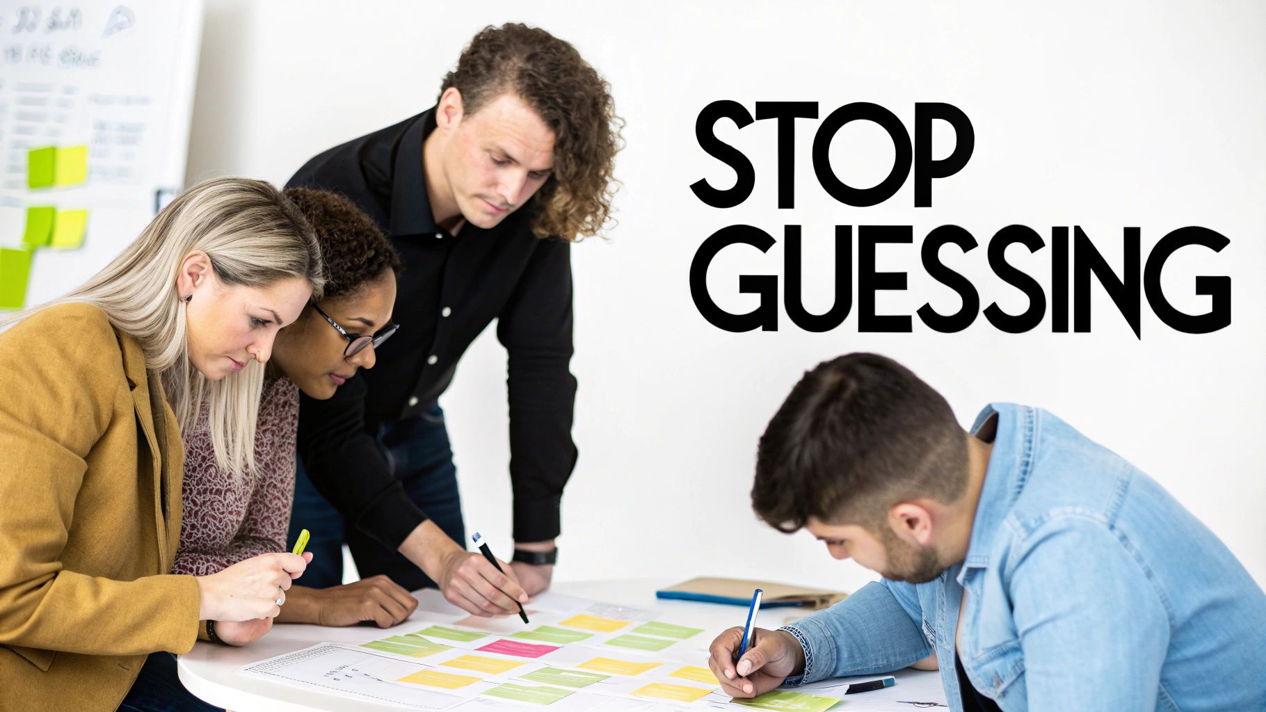 A diverse team collaborates around a table, organizing ideas with sticky notes, with the text 'STOP GUESSING'.