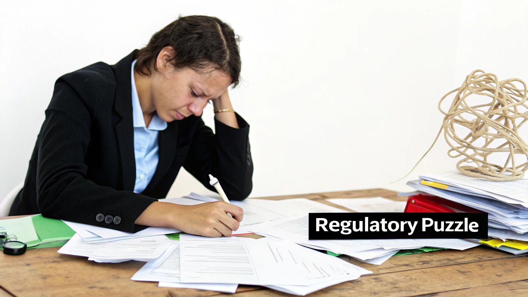 Stressed business person at a desk overwhelmed with papers, facing a "Regulatory Puzzle".