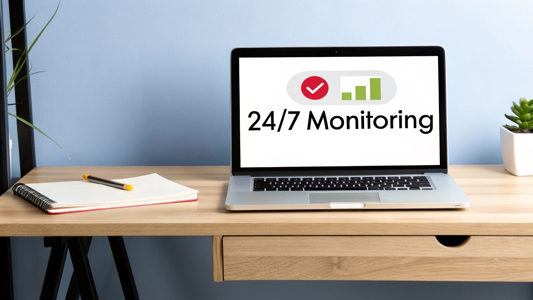A laptop on a wooden desk displaying '24/7 Monitoring' with a notebook and plant.