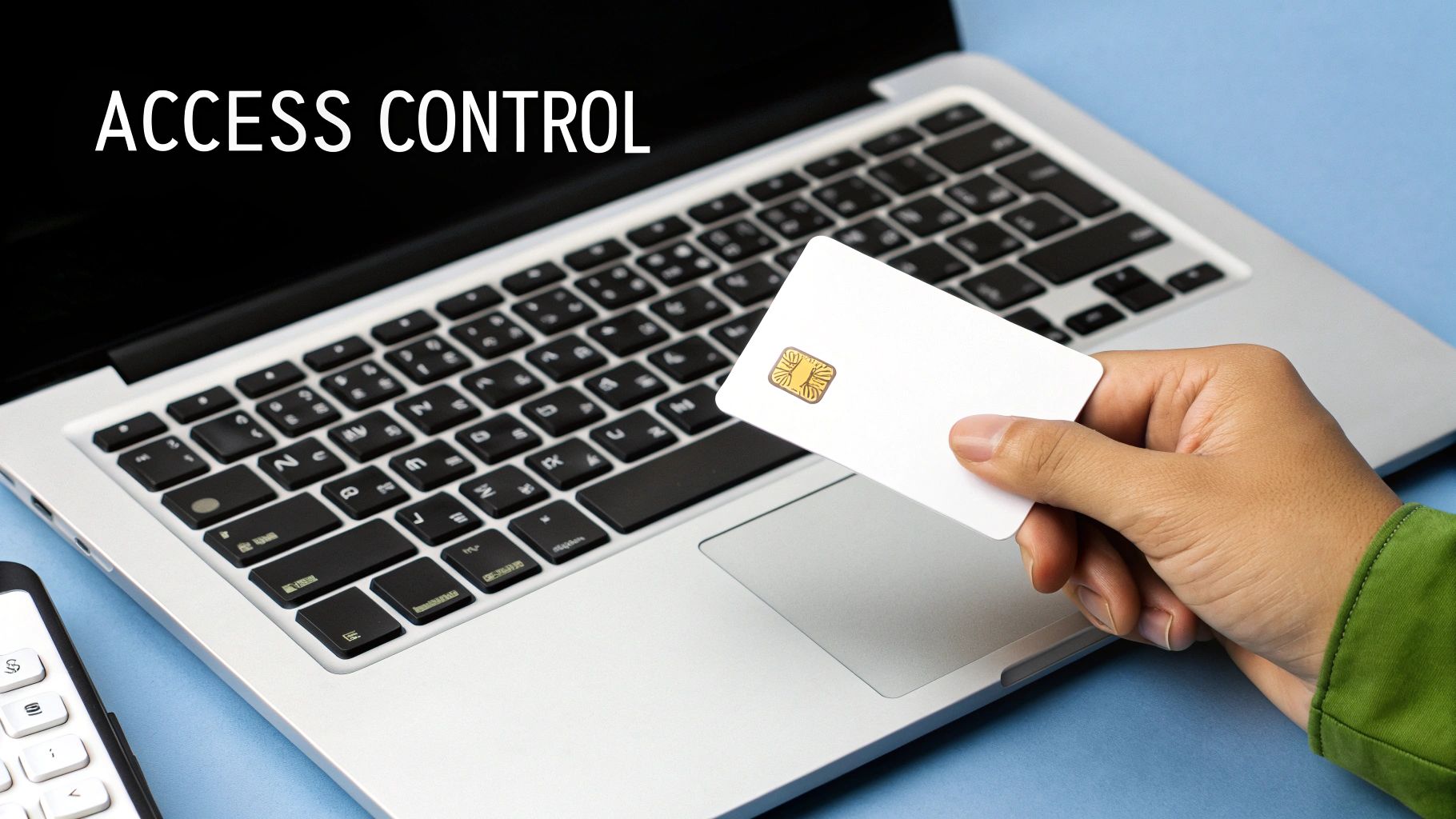 A person's hand holds a white smart card with a chip over a laptop, illustrating access control.
