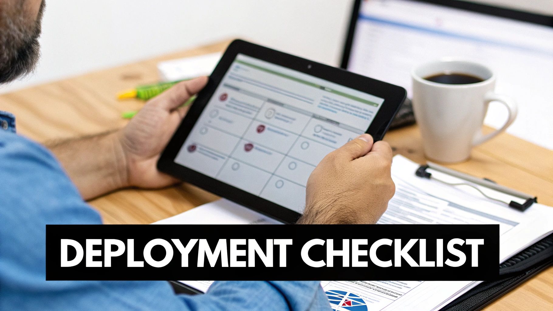 Person holding a tablet displaying a digital deployment checklist, with coffee and documents on a wooden desk.