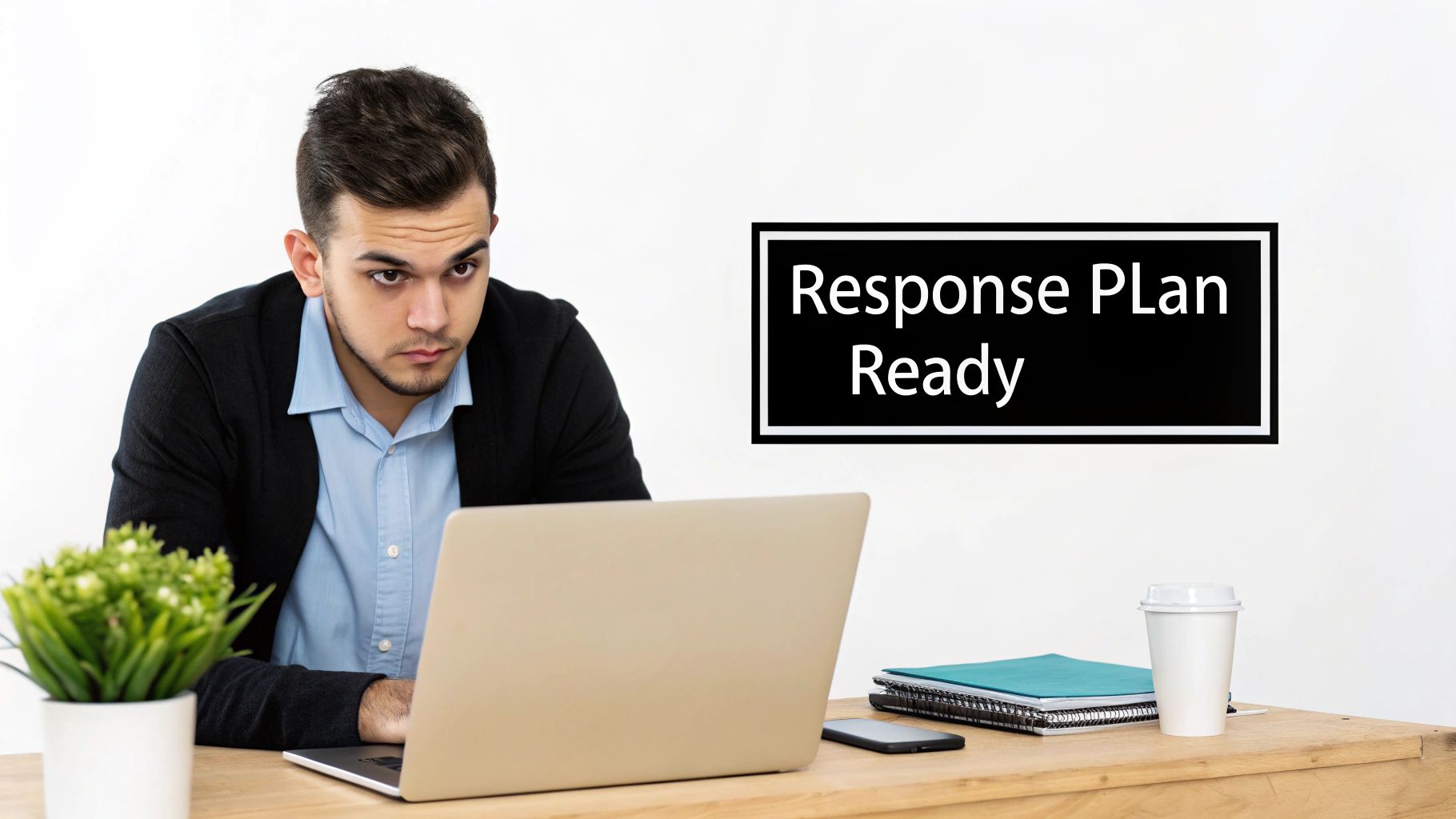 A focused man works on a laptop at a desk with a plant and coffee, next to text 'Response Plan Ready'.