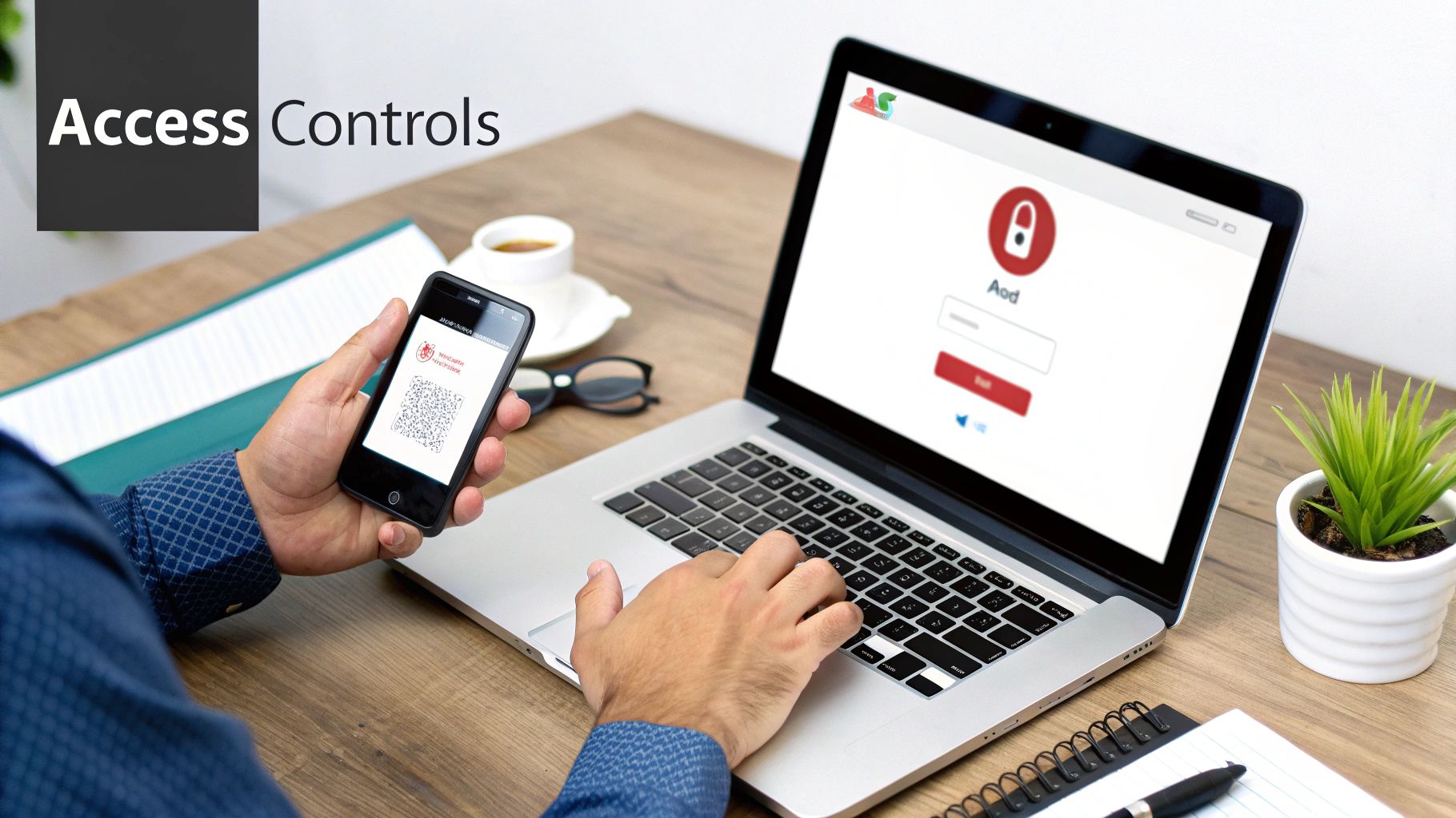 User authenticates to a laptop login page using a QR code displayed on a smartphone.