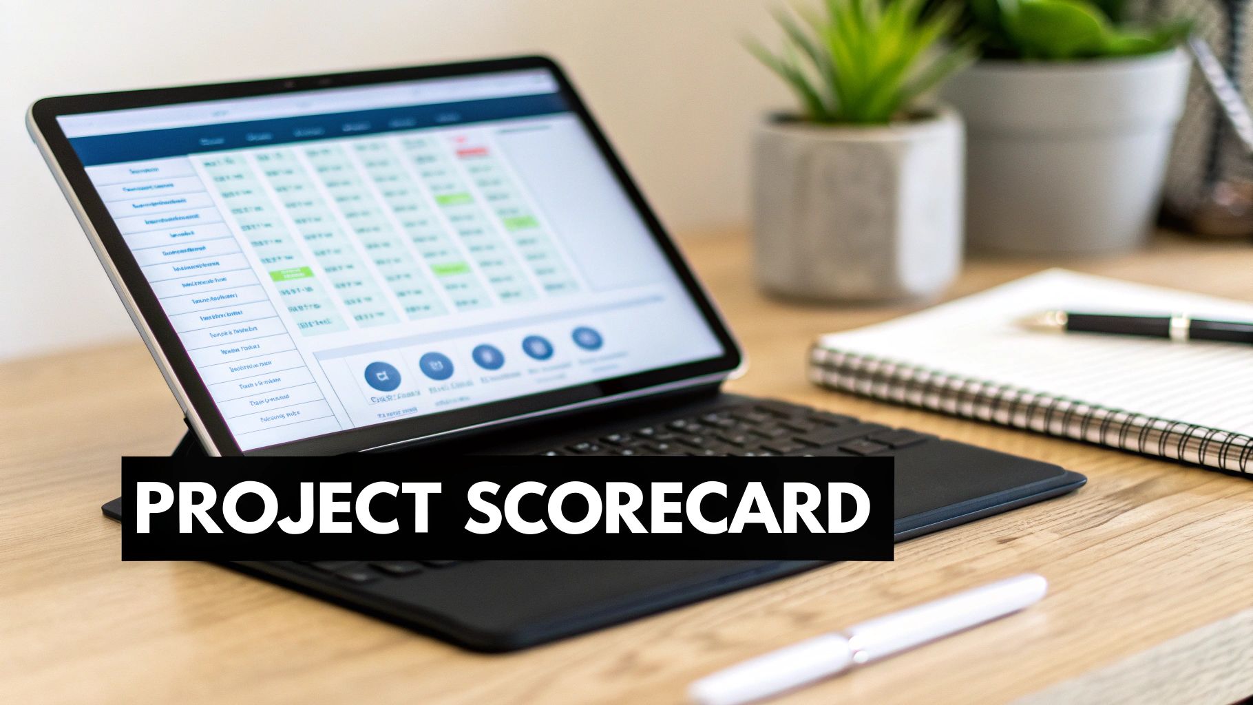 Tablet showing a 'Project Scorecard' on a wooden desk with a notebook and office plants.