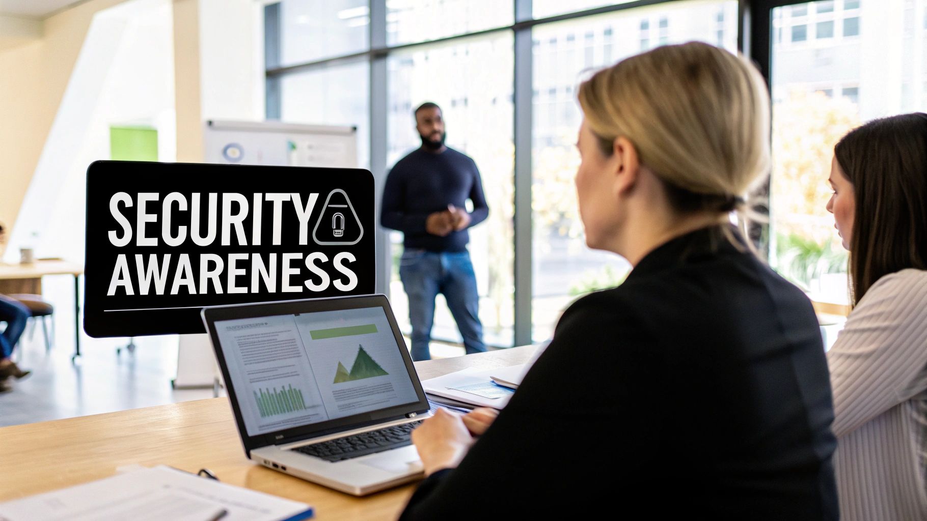 People attending a 'Security Awareness' presentation in an office with a man presenting and audience listening.