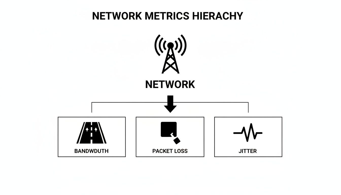 Diagram illustrating network metrics hierarchy, showing bandwidth, packet loss, and jitter as key performance indicators.