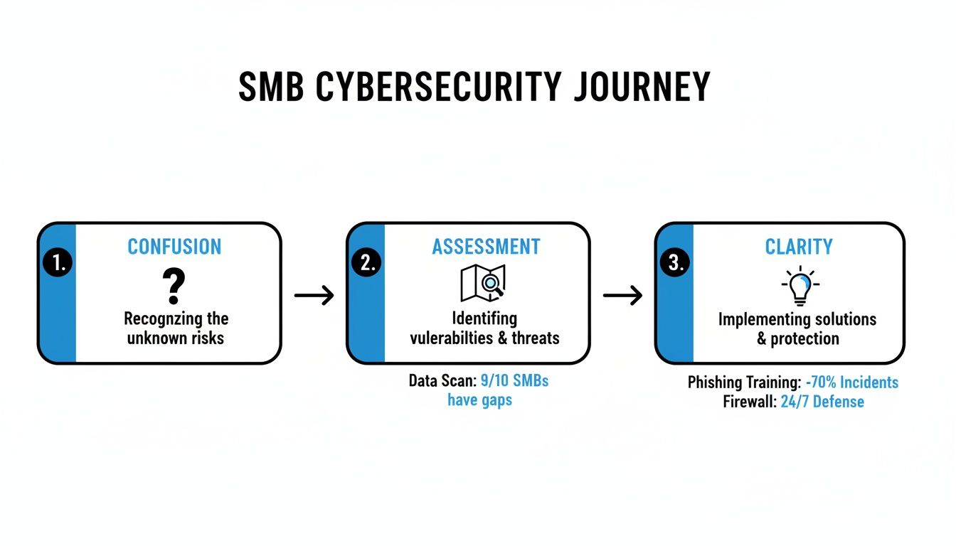 A flowchart illustrating the SMB cybersecurity journey, detailing steps from confusion to clarity.
