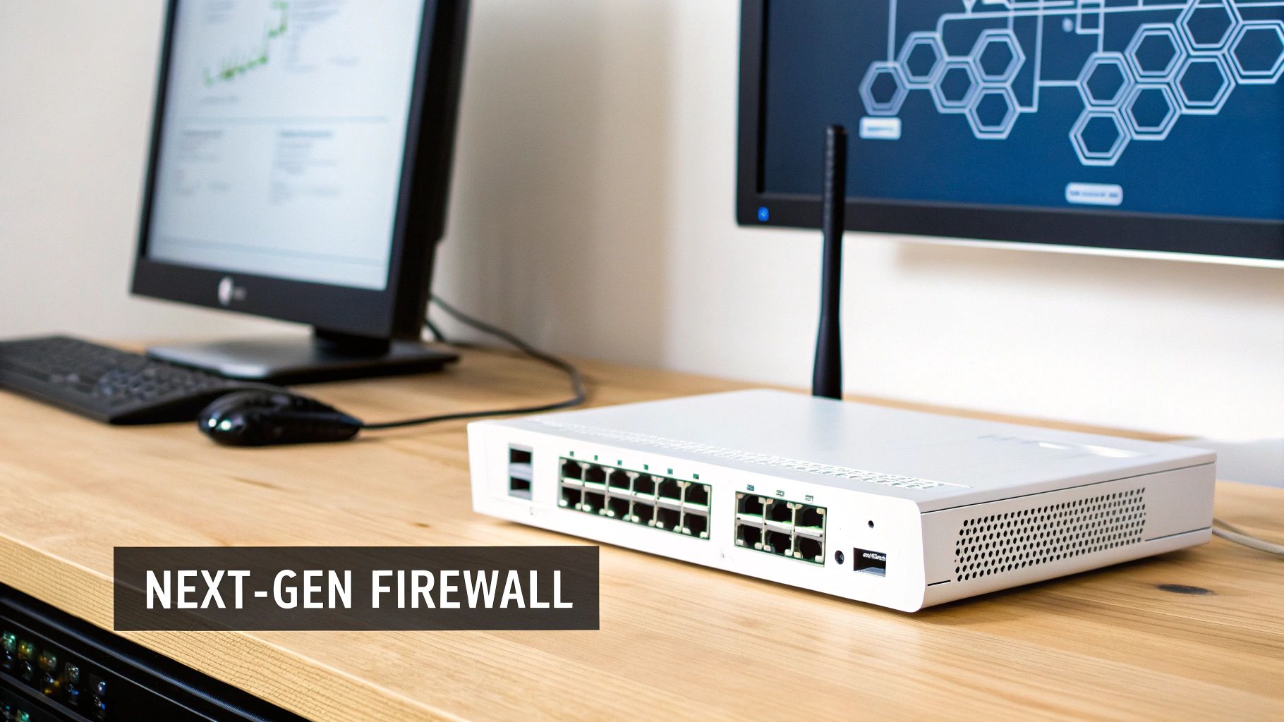 A white next-gen firewall device with multiple ports and an antenna on a desk with computers.