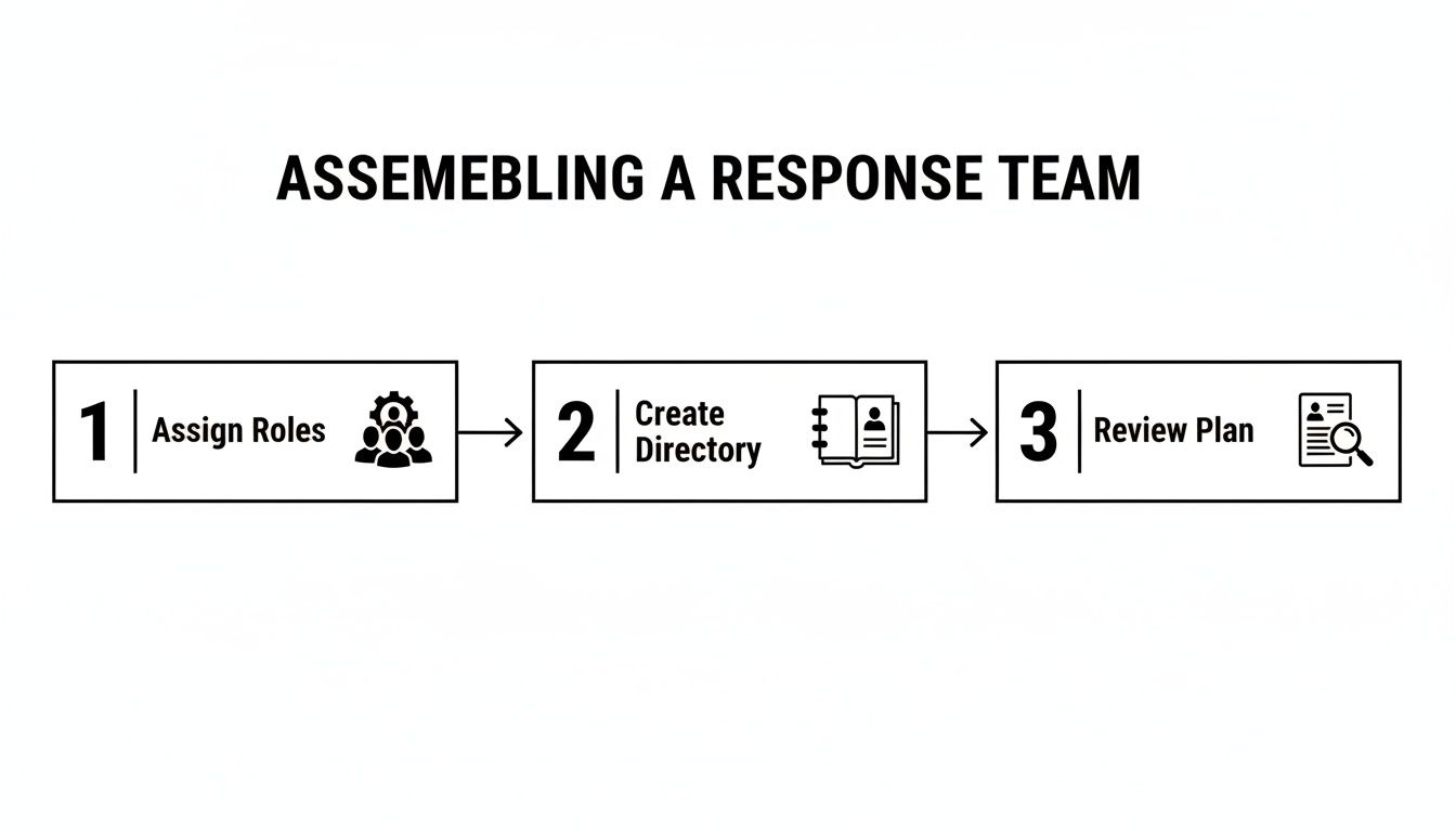 A three-step diagram outlining the process of assembling a response team: assign roles, create a directory, and review the plan.