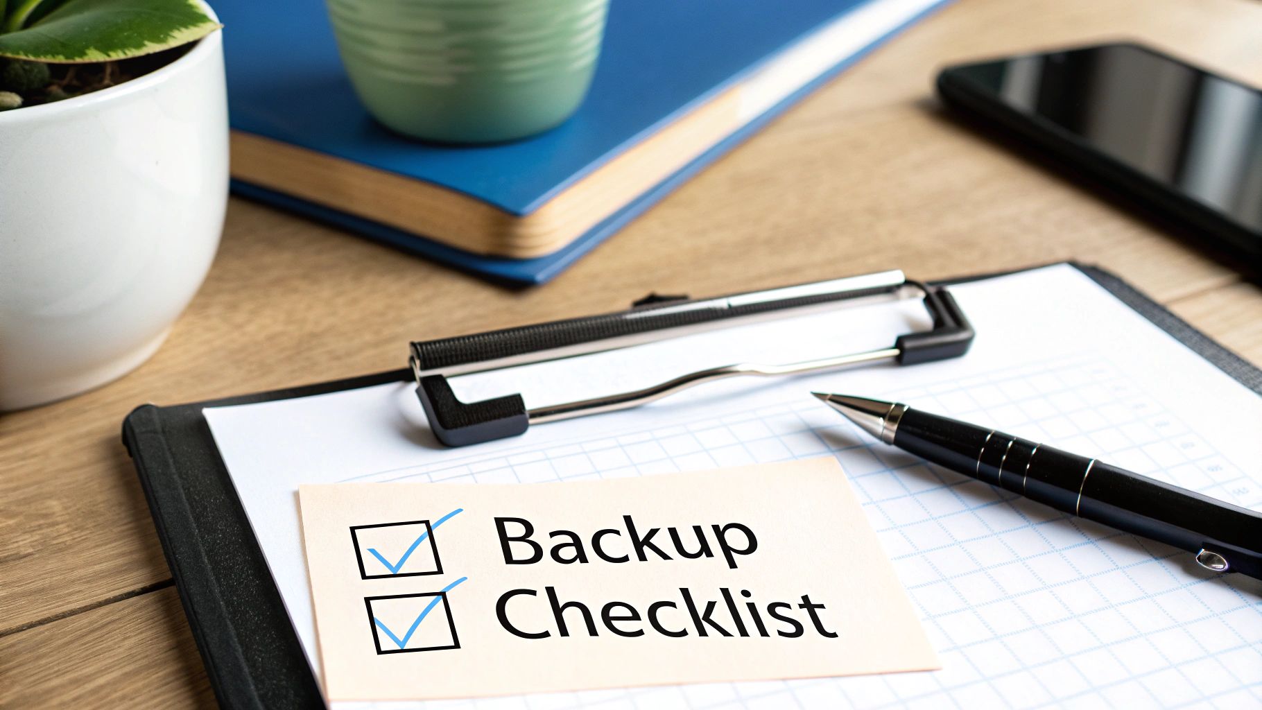 A "Backup Checklist" is clearly displayed on a sticky note on a clipboard, next to a pen.