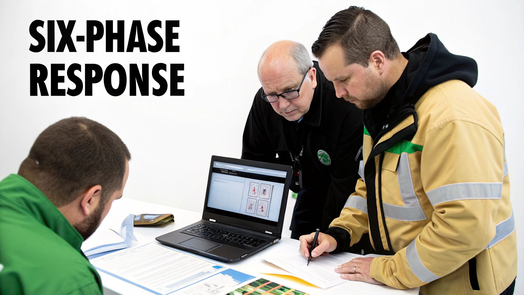 Three men are engaged in incident response planning, reviewing documents and a laptop with a six-phase diagram.