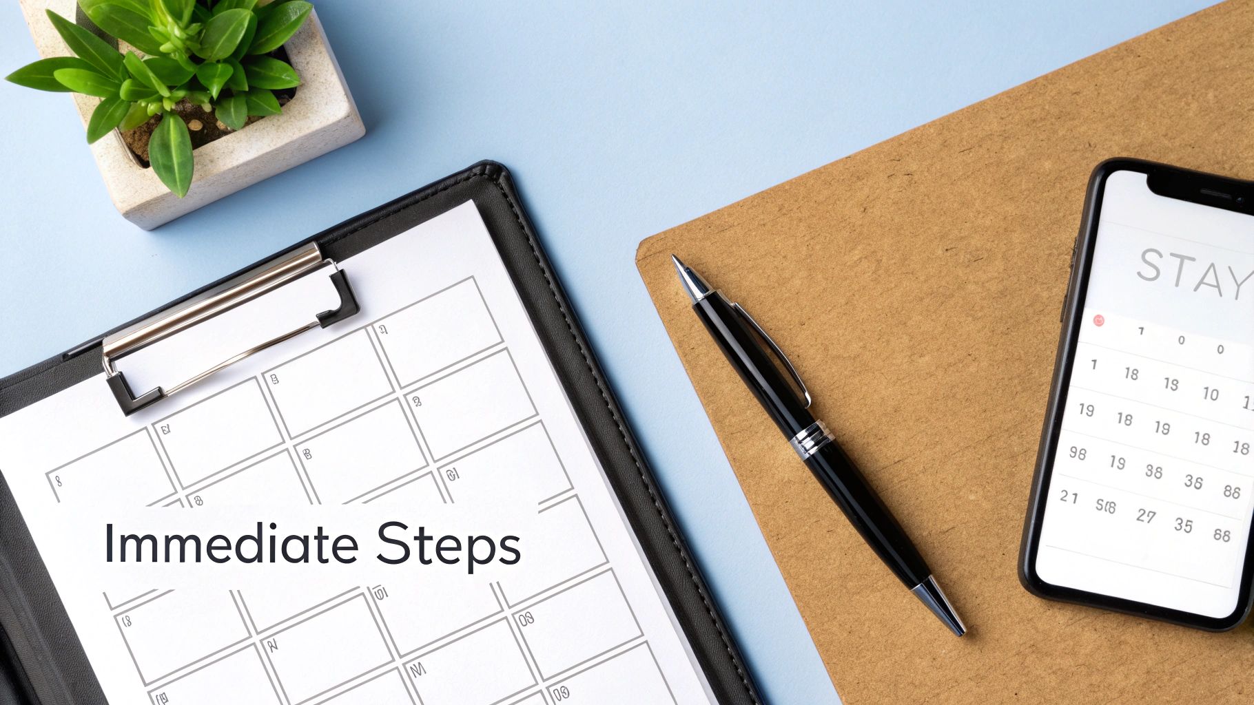 A flat lay shows a clipboard with 'Immediate Steps,' a pen, a plant, and a smartphone.