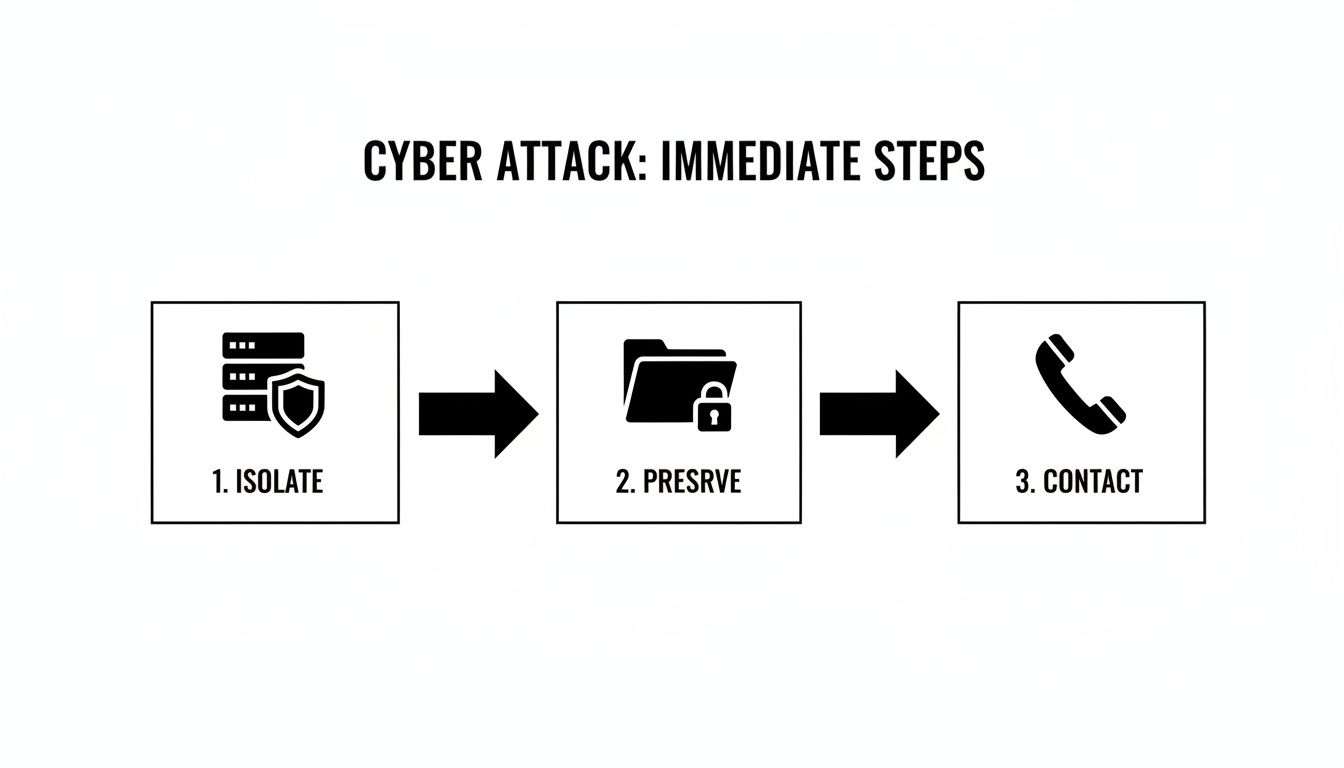 A flowchart detailing immediate steps for a cyber attack: isolate, preserve, and contact for help.