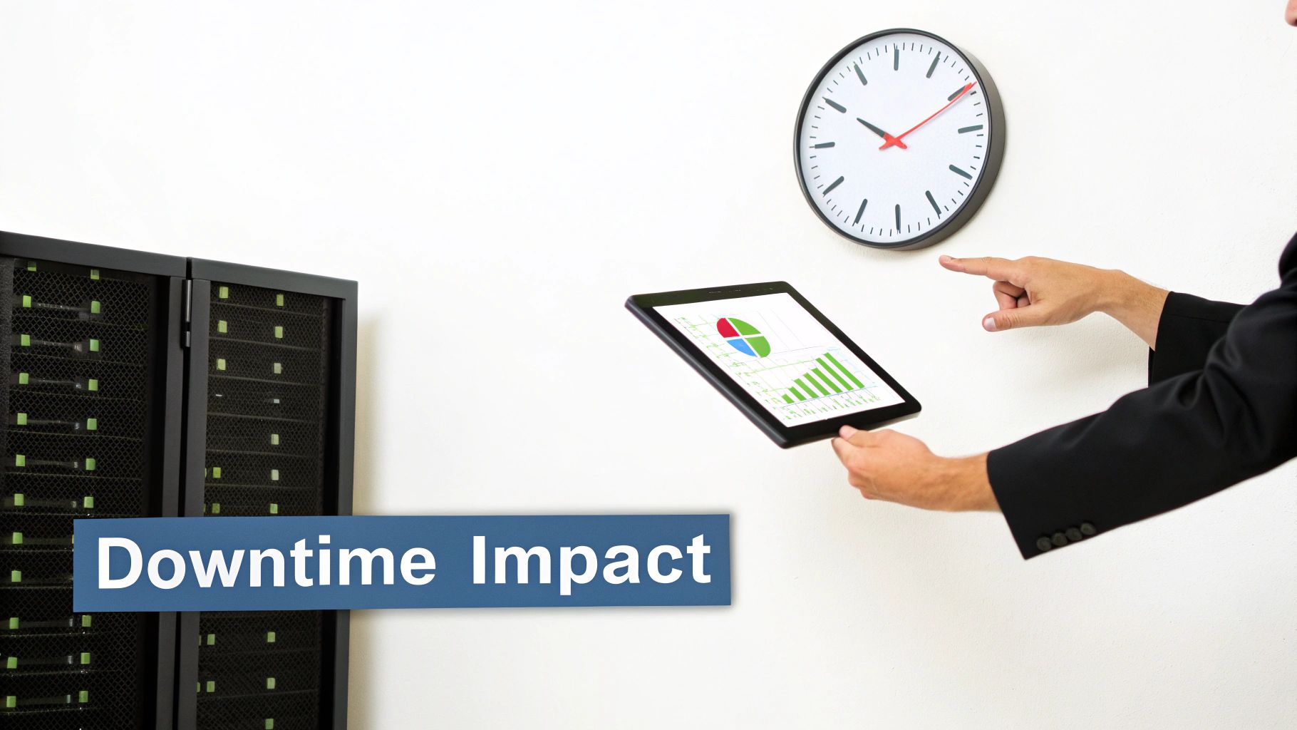 Servers, a clock, and a tablet displaying data with 'Downtime Impact' text, illustrating IT system management.