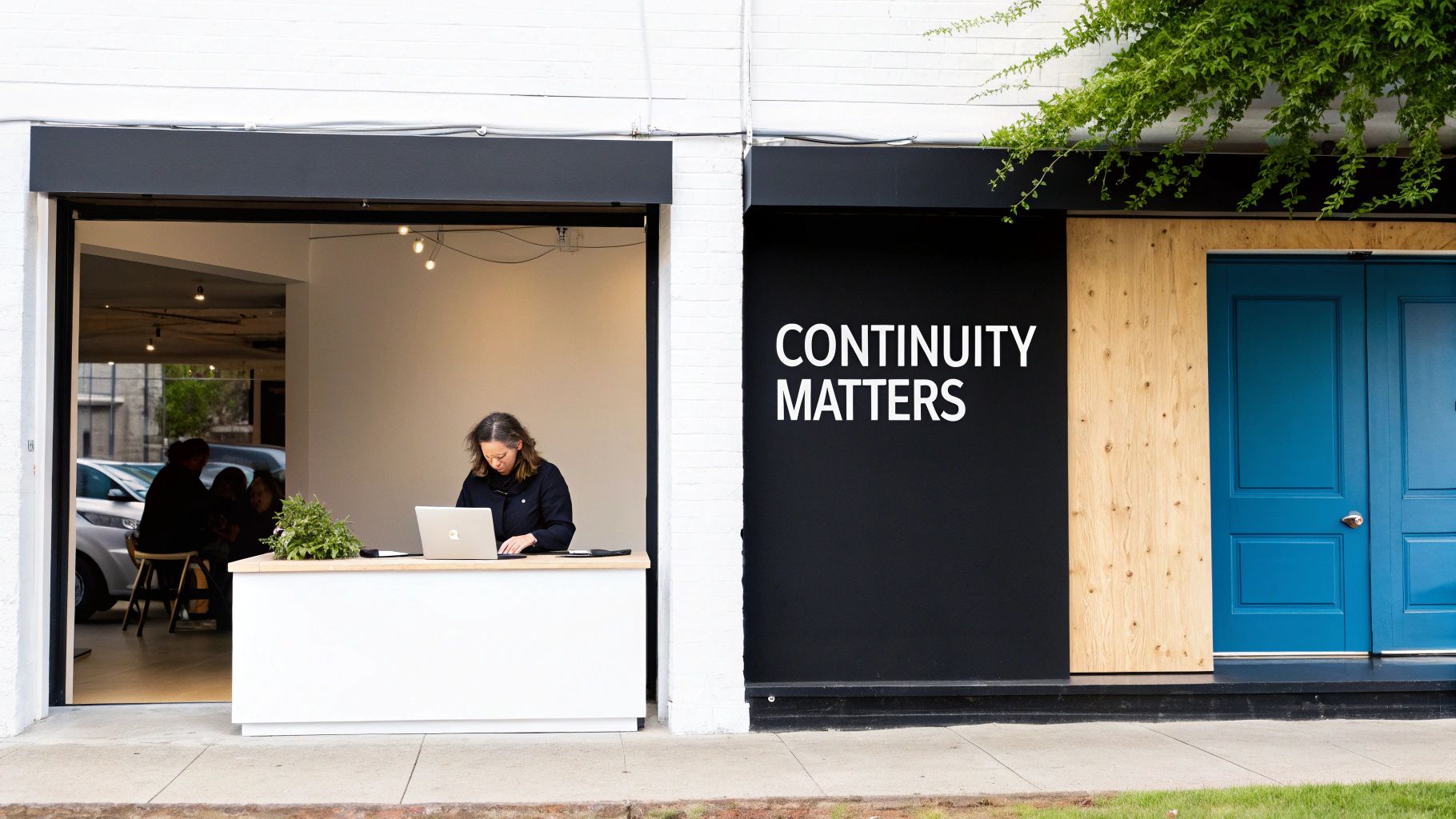 A woman works on a laptop at a reception desk with 'CONTINUITY MATTERS' text.