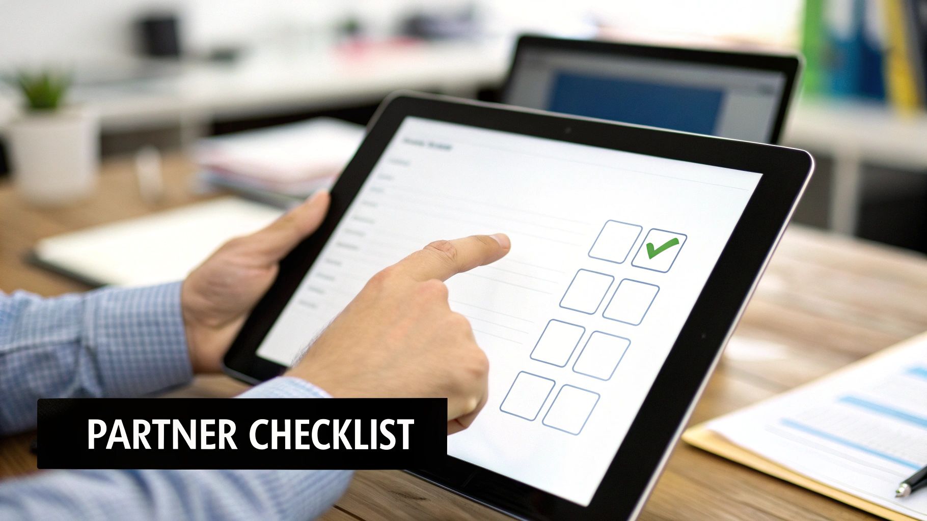 Hands holding a tablet displaying a digital partner checklist with a green checkmark on one item.